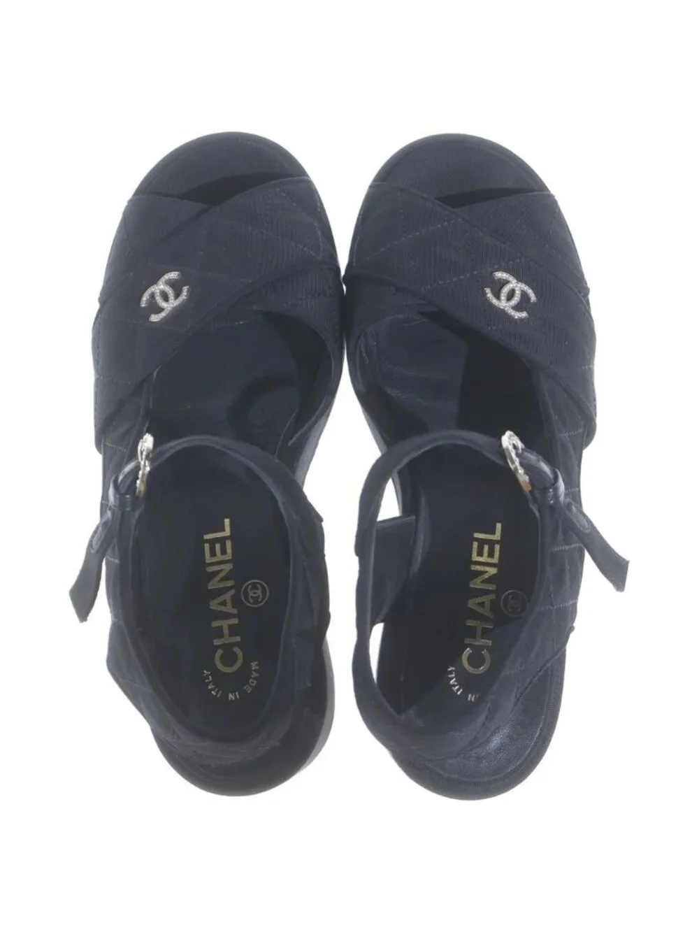 Chanel CC Logo Wedge Sole Sandals Thick Black